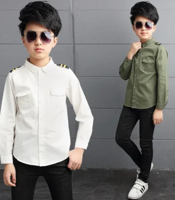 New Spring Fall Boy Shirts for Children Cotton Army Green Big Kids White Shirt Long Sleeve Teenage Uniform Kids Clothes 8 To 12T 1