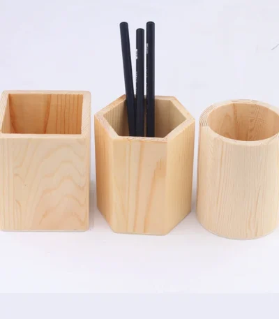 Pencil Holder Office Desk Wood Square/Round/Hexagon Pen Holder Pen Pot Cup Case Container Stationery Storage Organiser Supplies 1