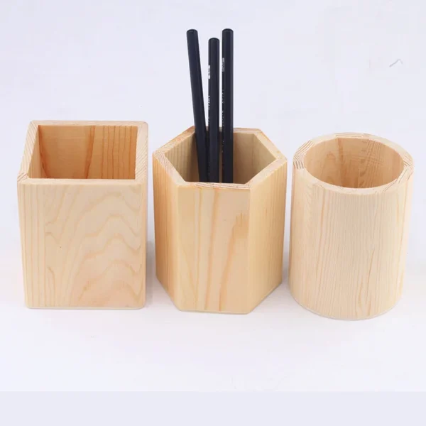 Pencil Holder Office Desk Wood Square/Round/Hexagon Pen Holder Pen Pot Cup Case Container Stationery Storage Organiser Supplies