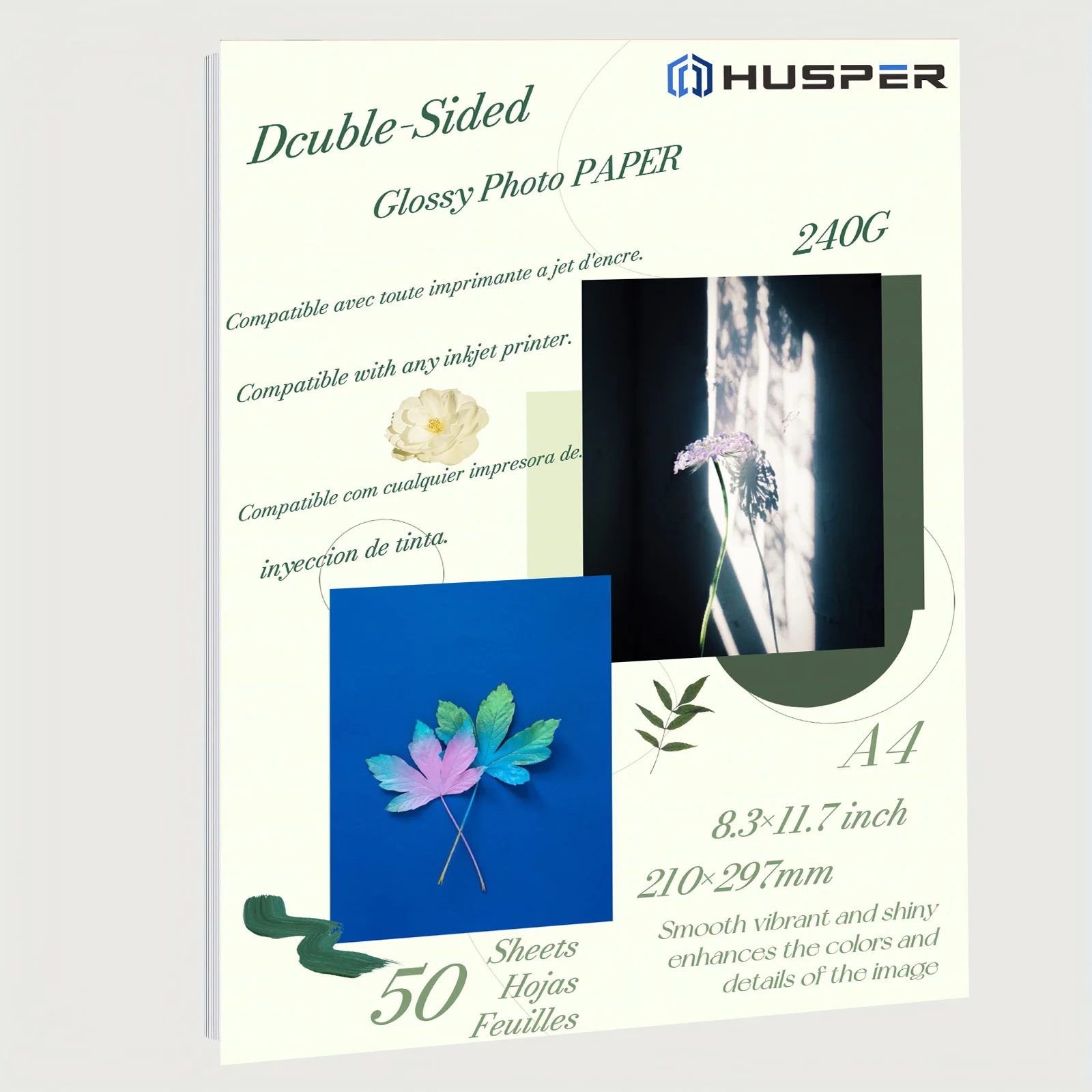 HUSPER A4(8.3×11.7 inch) 50 Sheets 240G Double Sided Inkjet Glossy Photo Paper size HUSPER A4(8.3×11.7 inch) 50 Sheets 240G Double Sided Inkjet Glossy Photo Paper size