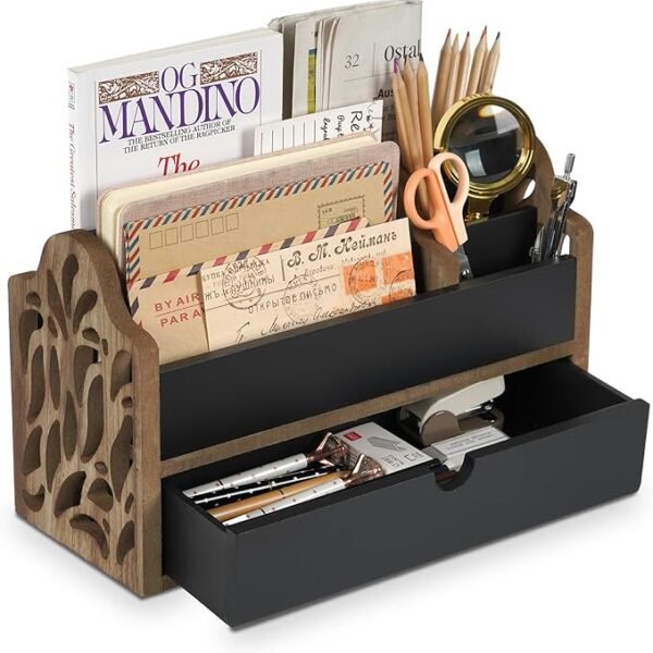 Optyuwah Organiseur de bureau en bois avec tiroir, porte-lettres avec tiroir, rangement de bureau, étagère, porte-stylos, porte-documents, étagère à courrier (Noir.)