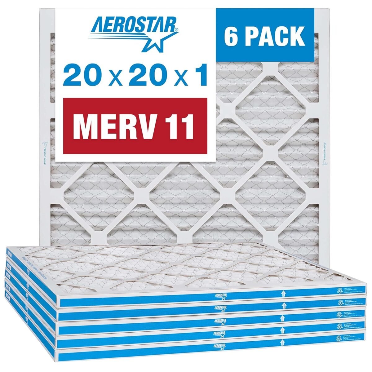 Aerostar 20x20x1 merv 11 6 count pleated hvac furnace air conditioner filters removes dust cold flu germs lint mold pet dander allergy causing pollen smog smoke.jpg