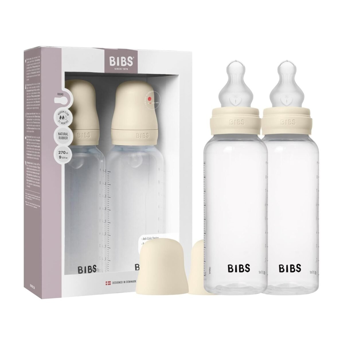 Bibs baby bottle 9 oz 270 ml silicone nipple 2 pack anti colic bpa free round nipple medium flow lightweight easy to clean suitable for newborns 0 years ivory.jpg