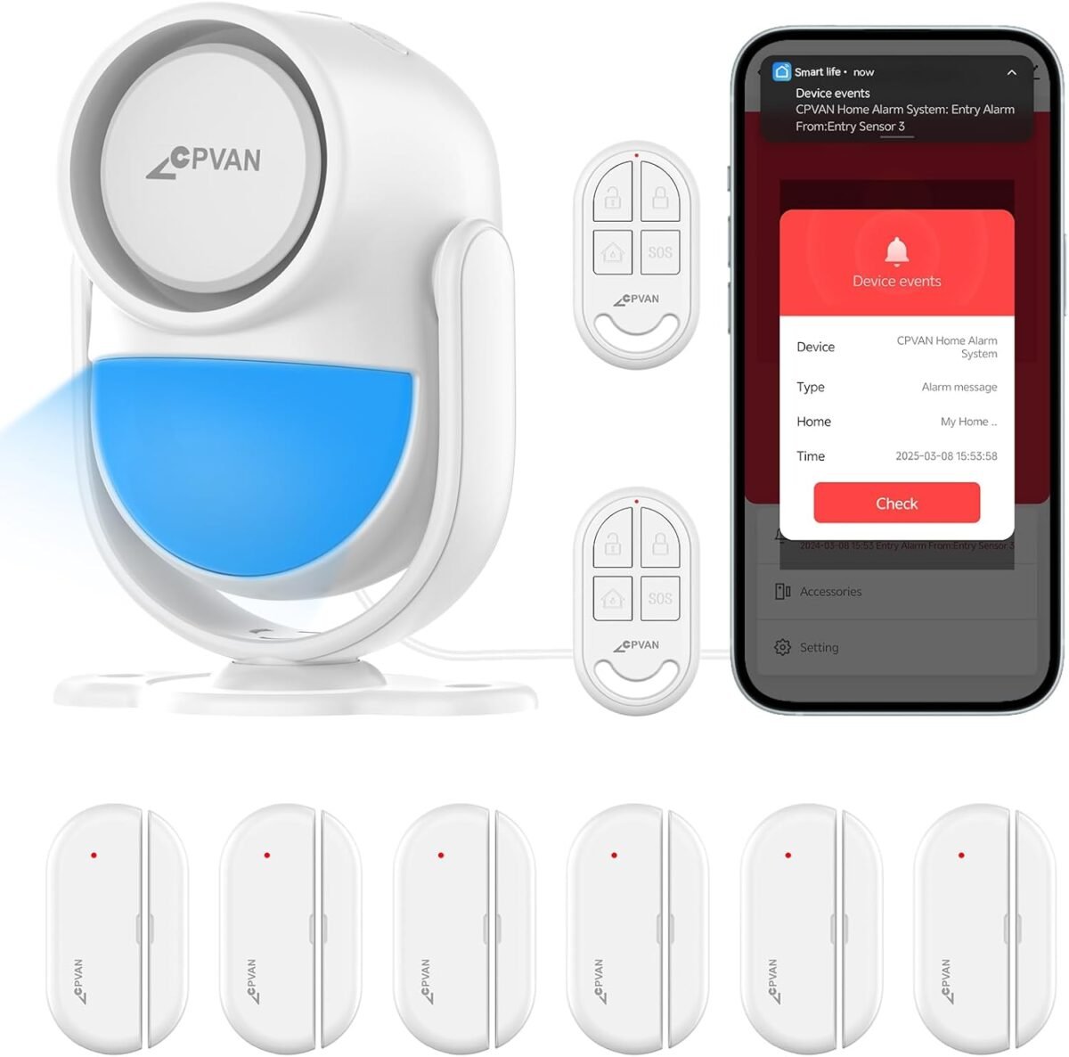 Cpvan home alarm system with pir motion sensor wifi wireless diy smart doorwindow alarm for home security with phone app alert 9 pieces kit indoor pir alarm host 6 door sensors 2 remotes.jpg