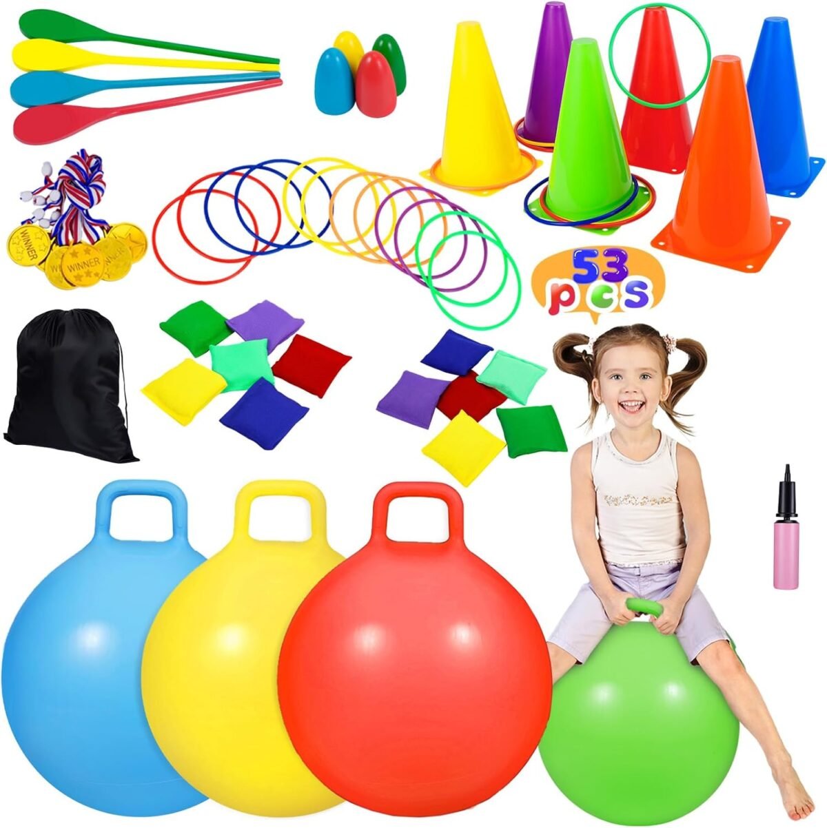 Cwlakon 53pcs carnival outdoor games combo set hopper balls for kids soft plastic cones bean bags ring toss game egg spoon relay race field day family reunion outside yard lawn 4th of july games.jpg