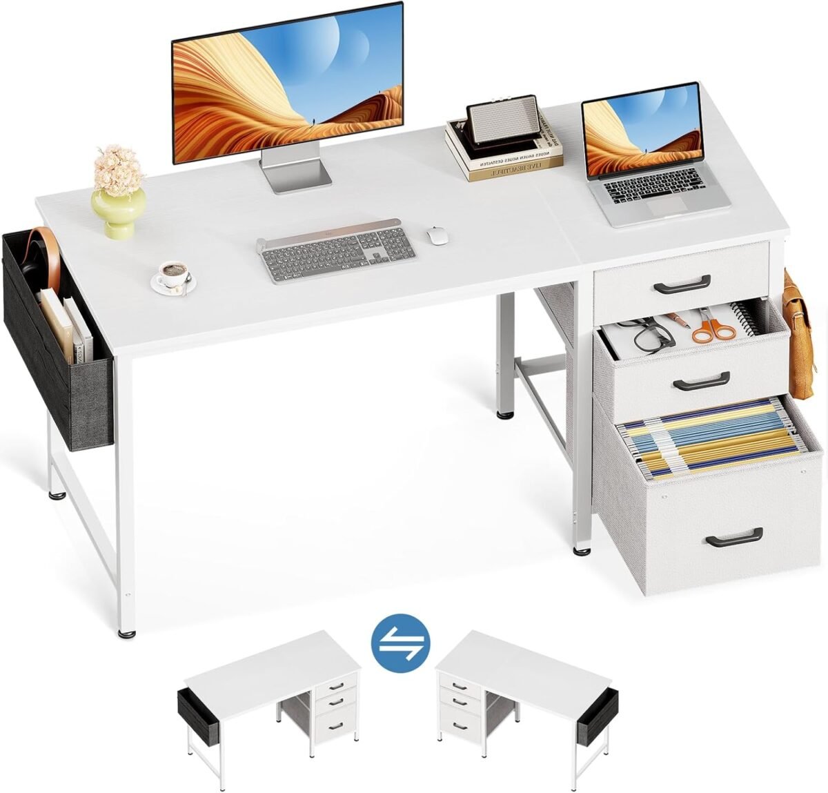 Casaottima 40 small computer home office desk for bedroom with fabric drawers file cabinet cloth storage bag and hook writing study work table for small space white.jpg