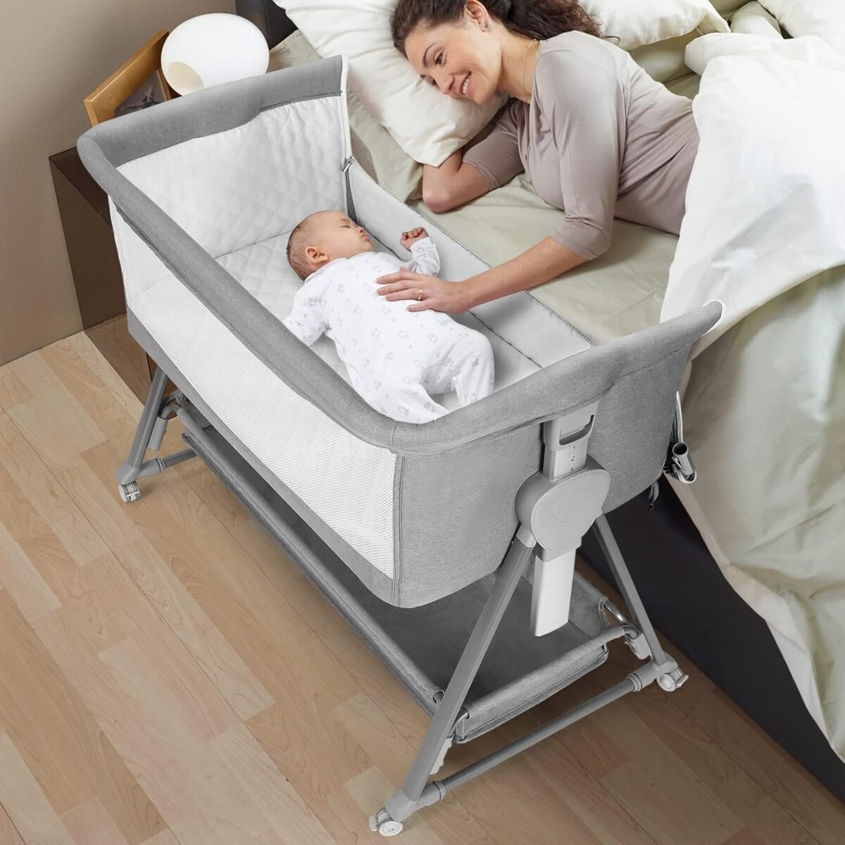 Cowiewie bassinet bedside sleeper baby bassinet with 7 adjustable height bedside bassinets for baby with breathable mesh sides mattress xl storage easy folding crib pyramid light gray.jpg