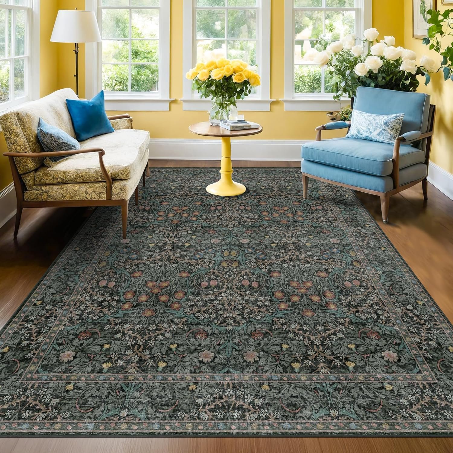 Dark green floral living room rug 5x7 area rug vintage forest washable mat for dining room bedroom low pile non slip stain resistance distressed retro indoor boho carpet 5x7 dark green.jpg