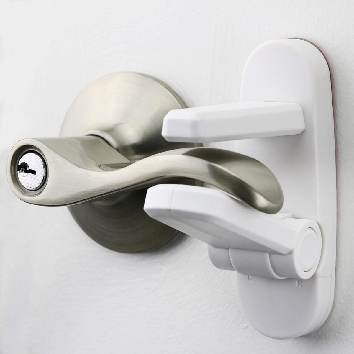Door lever locks 4 pack prevents toddlers from opening doors durable abs with 3m adhesive easy one hand operation for adults no tools needed.jpg