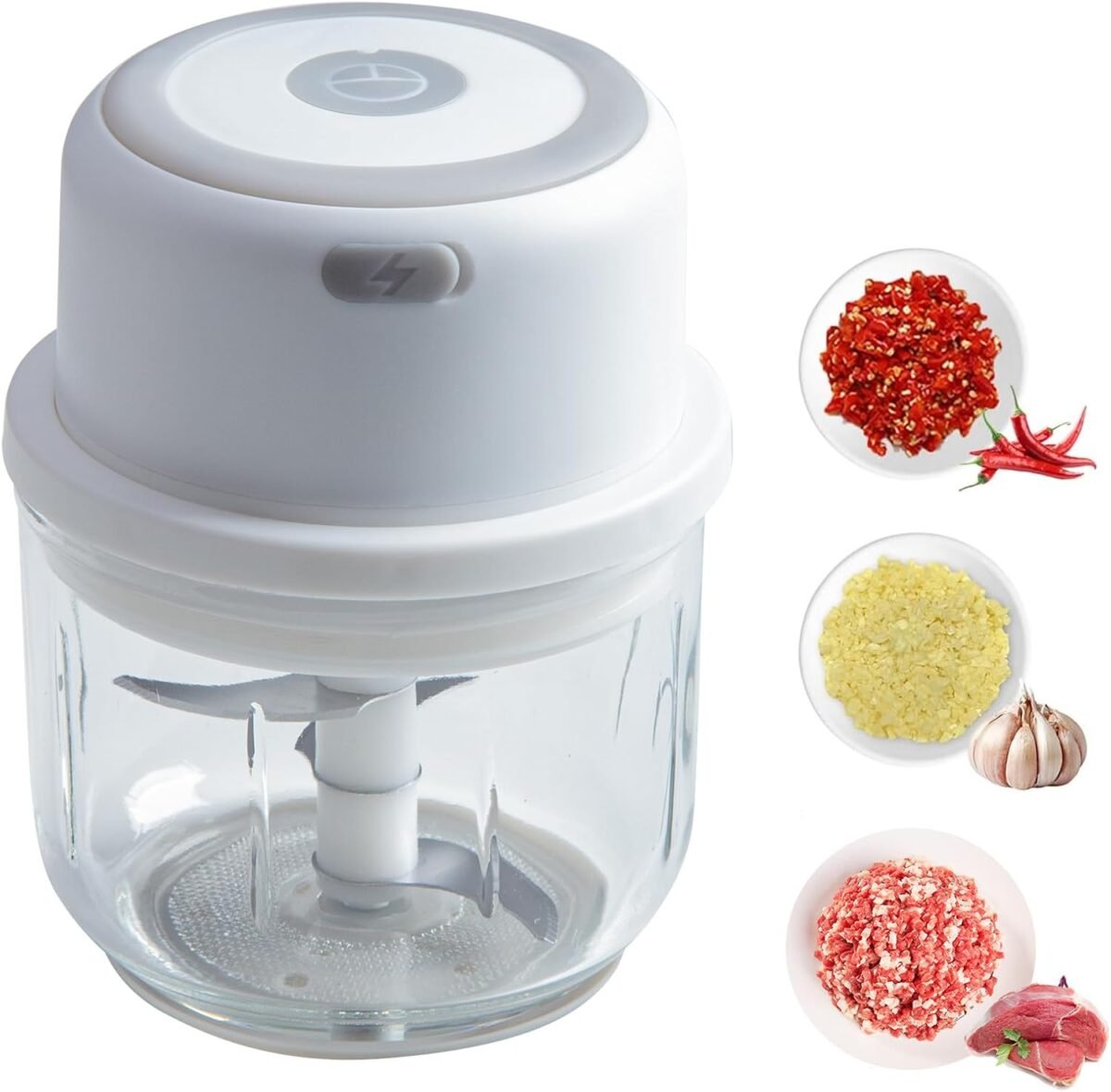 Electric garlic chopper portable small food processor 300ml glass containers with food divider waterproof body one touch press to chop onion for ginger chili fruit meat spices beans.jpg