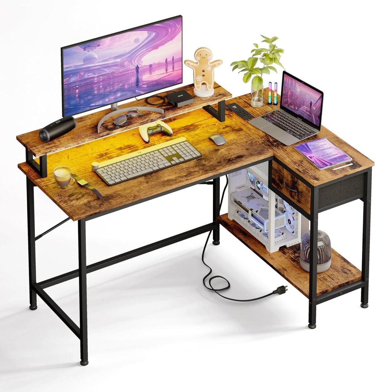 Fixwal l shaped desk with power outlets and led lights gaming computer desk 43 inch small corner desk home office desks with drawer writing desk study desk rustic brow.jpg