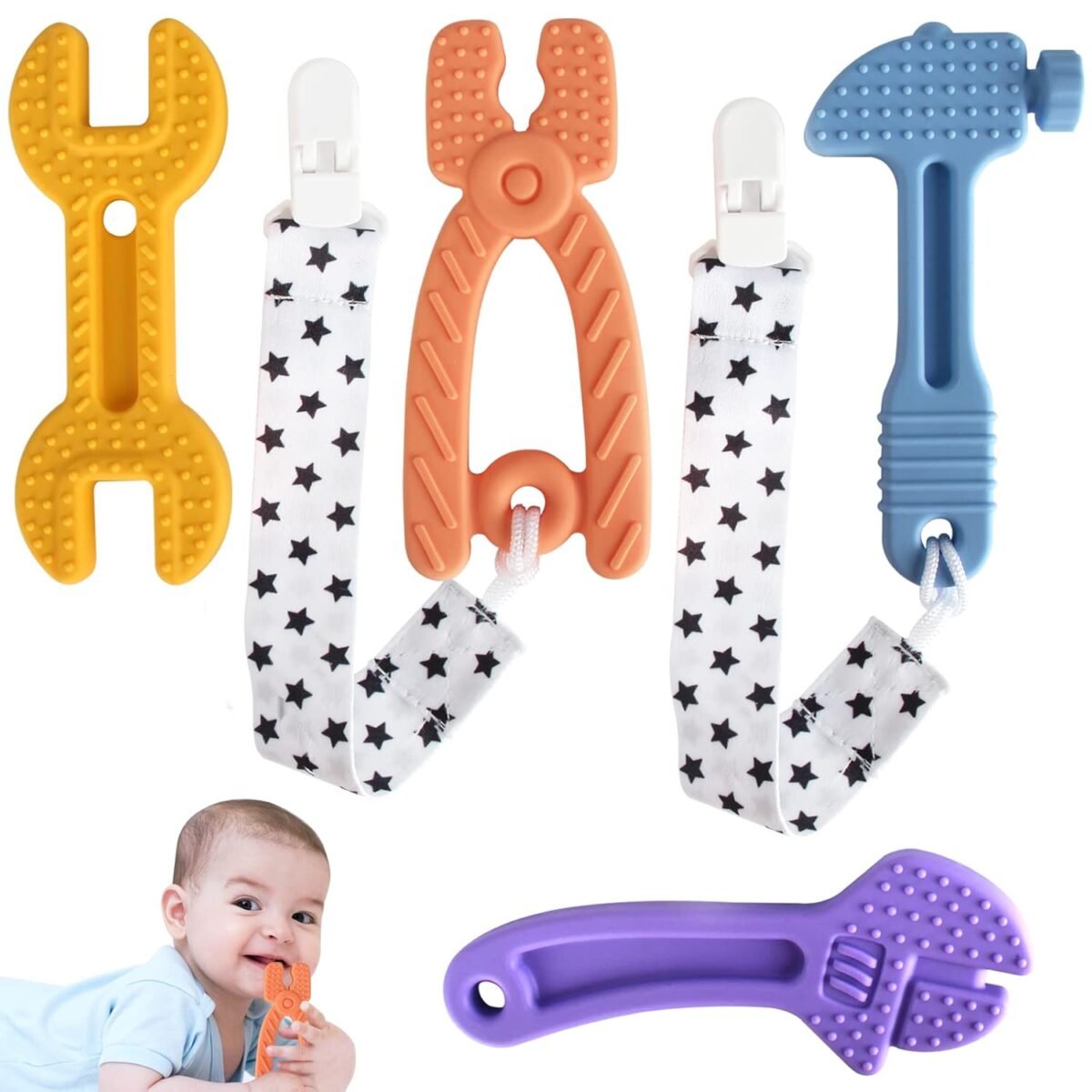 Fu store 4 pack soft silicone teething toys for 0 12 months 6 24 months toddlers infant hammer spanner wrench pliers tools shape baby teethers relief soothe babies gums set.jpg
