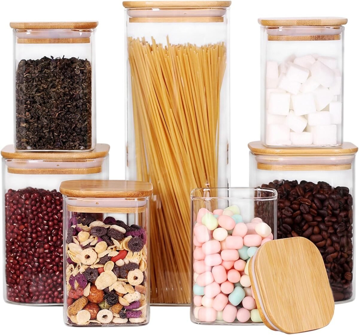 Glass storage canister with wooden lid set of 7 square glass jars with bamboo lids glass food storage containers for pasta cereal flour sugar best for kitchen pantry.jpg