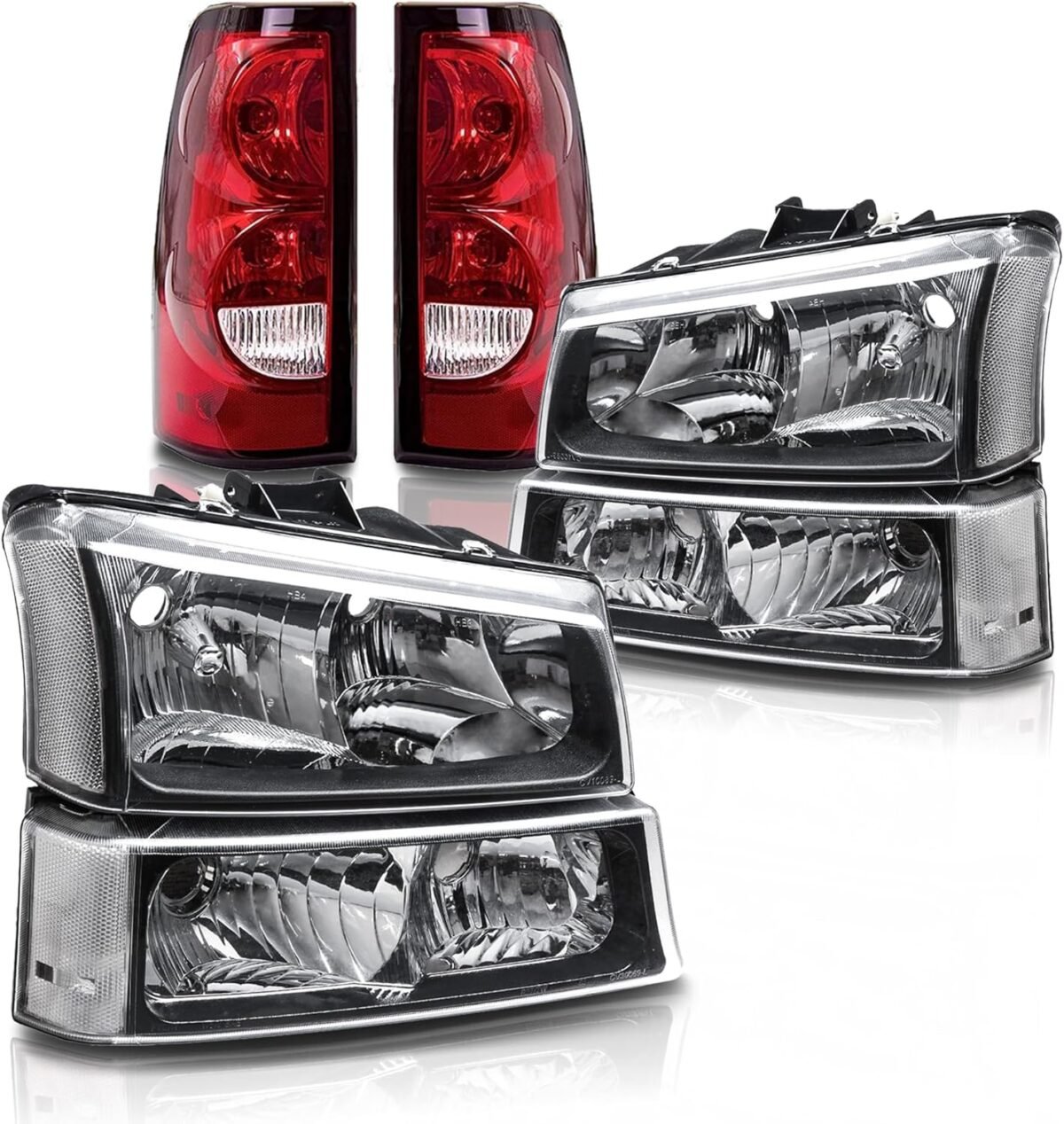 Headlight assembly wtail lights set compatible with 2003 2004 2005 2006 chevy silverado 1500 2500 3500black housing headlamp wred taillights rear brake lamp.jpg