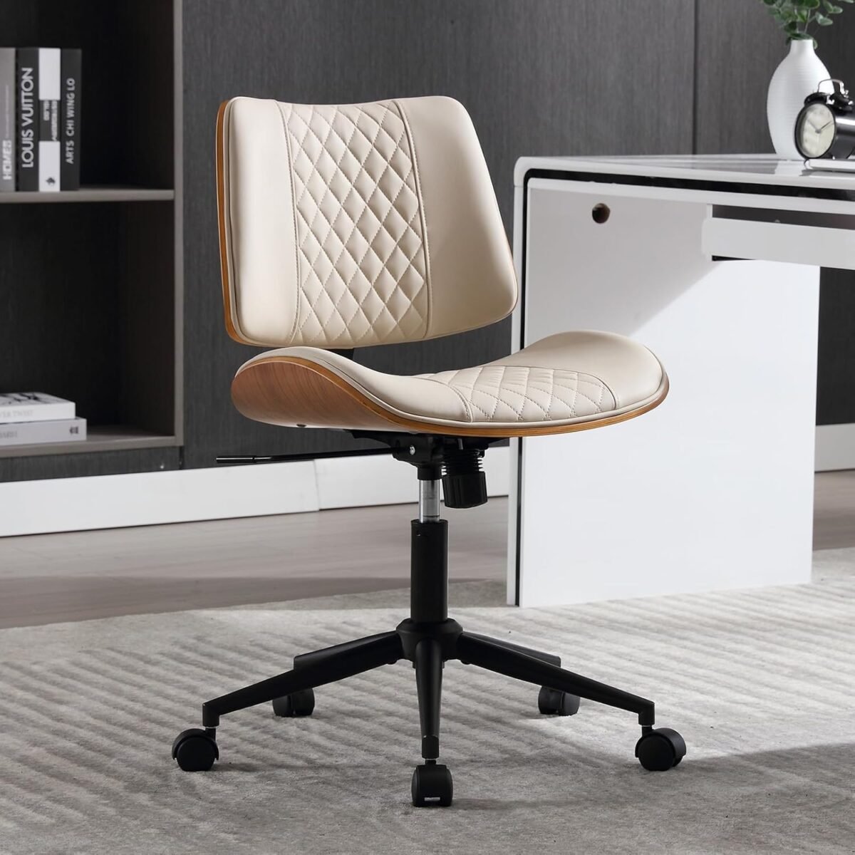 Home office chair no arms with wheels adjustable height small desk chair pu leather mid back 360 swivel computer chair armless modern walnut chair for office reading meeting roombeige.jpg