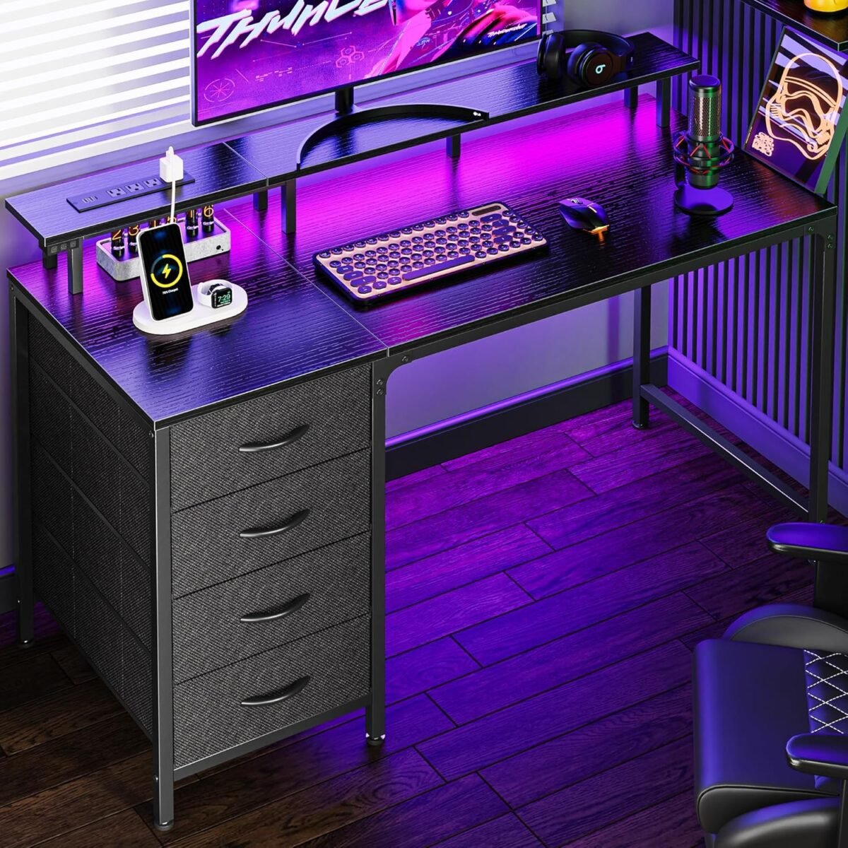 Huuger 47 inch computer desk with power outlets and led lights gaming desk with 4 drawers office desk with monitor stand study work home office small spaces black.jpg