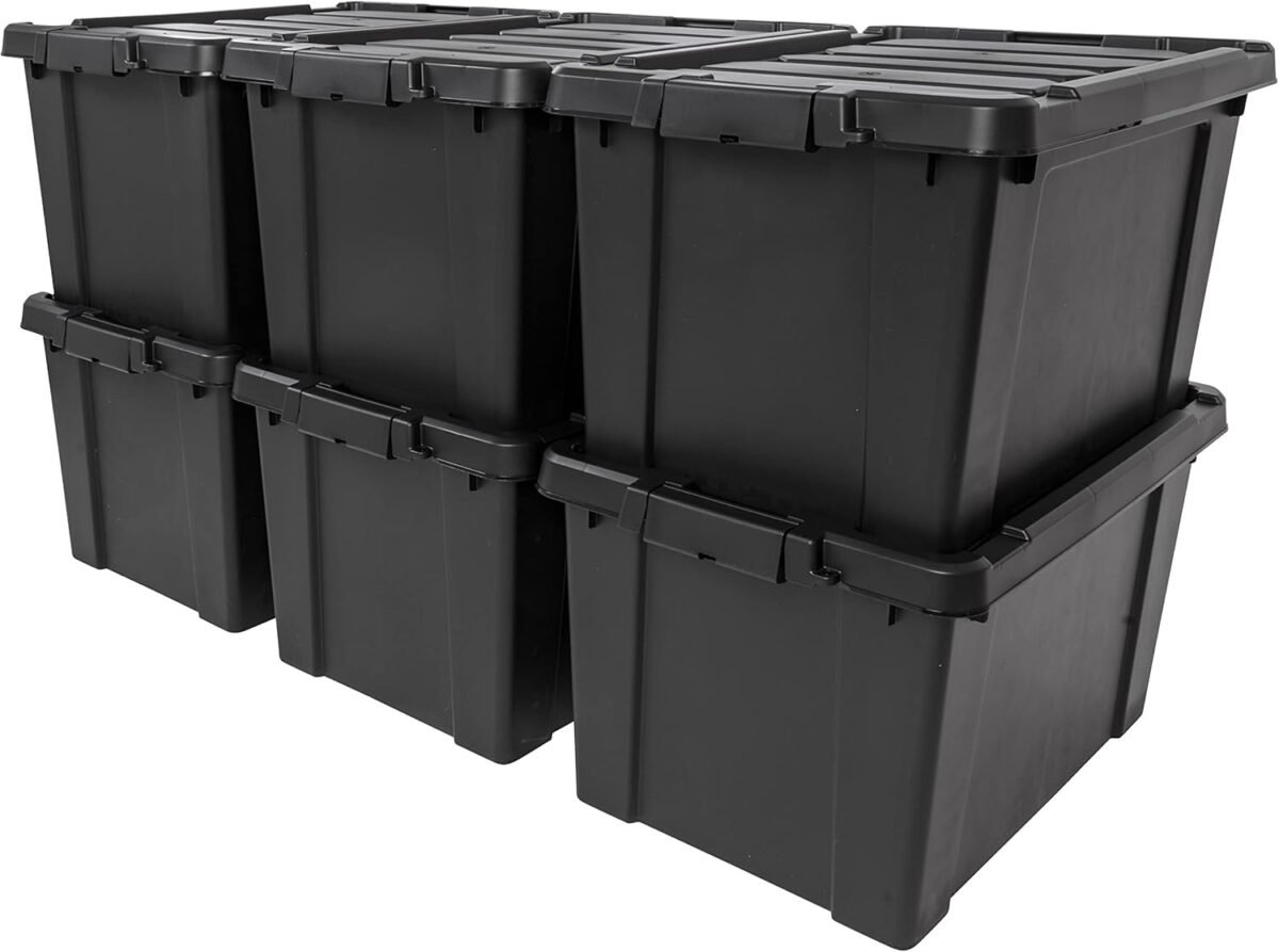 Iris usa 20 gallon lockable storage bins with lids 6 pack made in usa heavy duty stackable containers garage organizing bins moving tubs rugged sturdy equipment utility box black.jpg