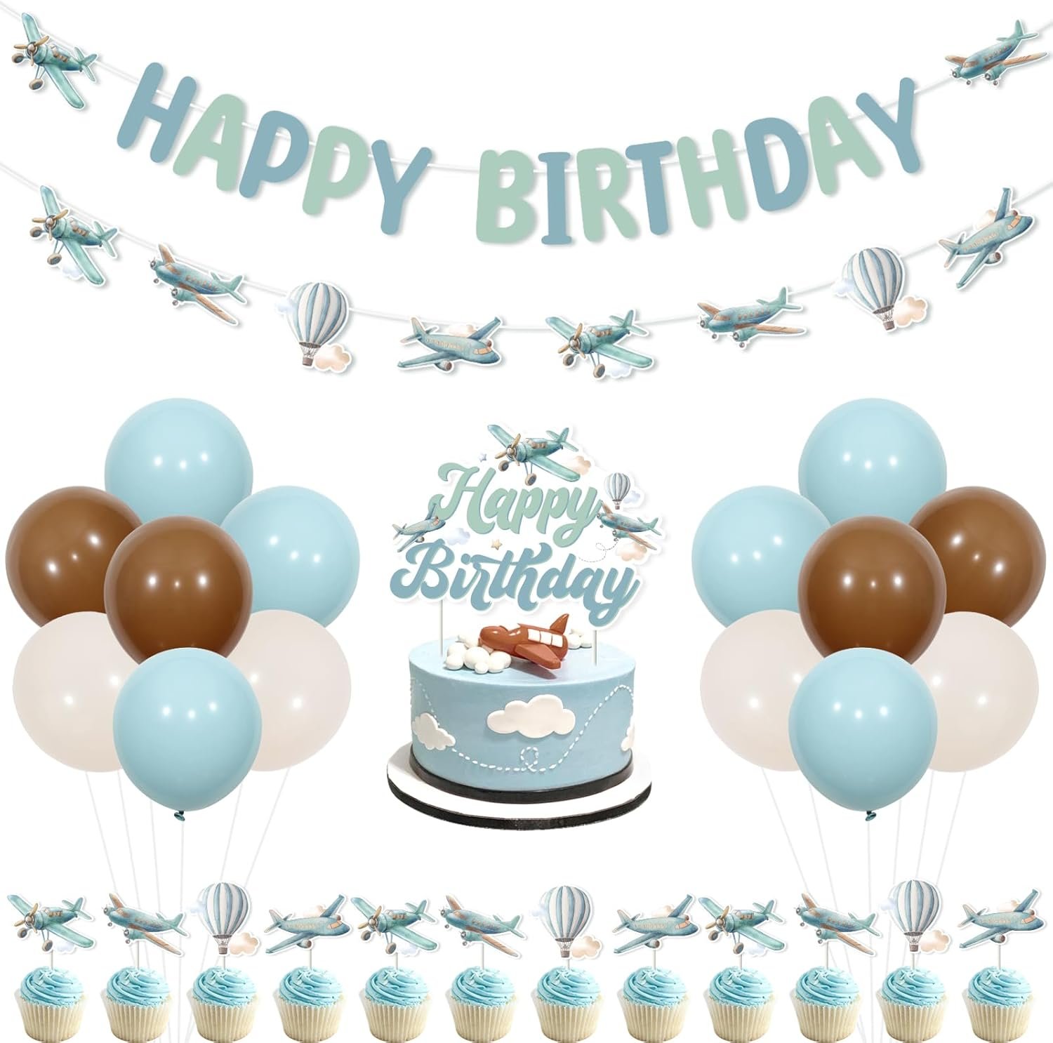 Kreatwow vintage airplane birthday party decorations airplane happy birthday banner garland cake topper cupcake toppers blue balloons for 1st 2nd 3rd bday.jpg