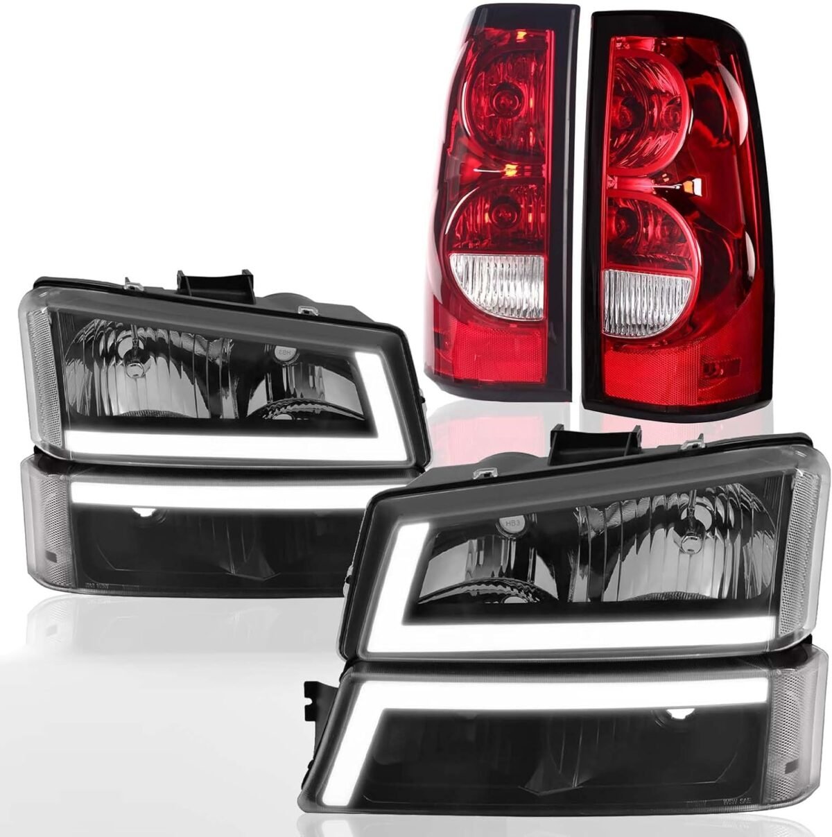 Led drl headlights assembly tail lights combo compatible with 2003 2006 chevy silverado 1500 2500 3500 black housing clear side headlamp red taillights.jpg