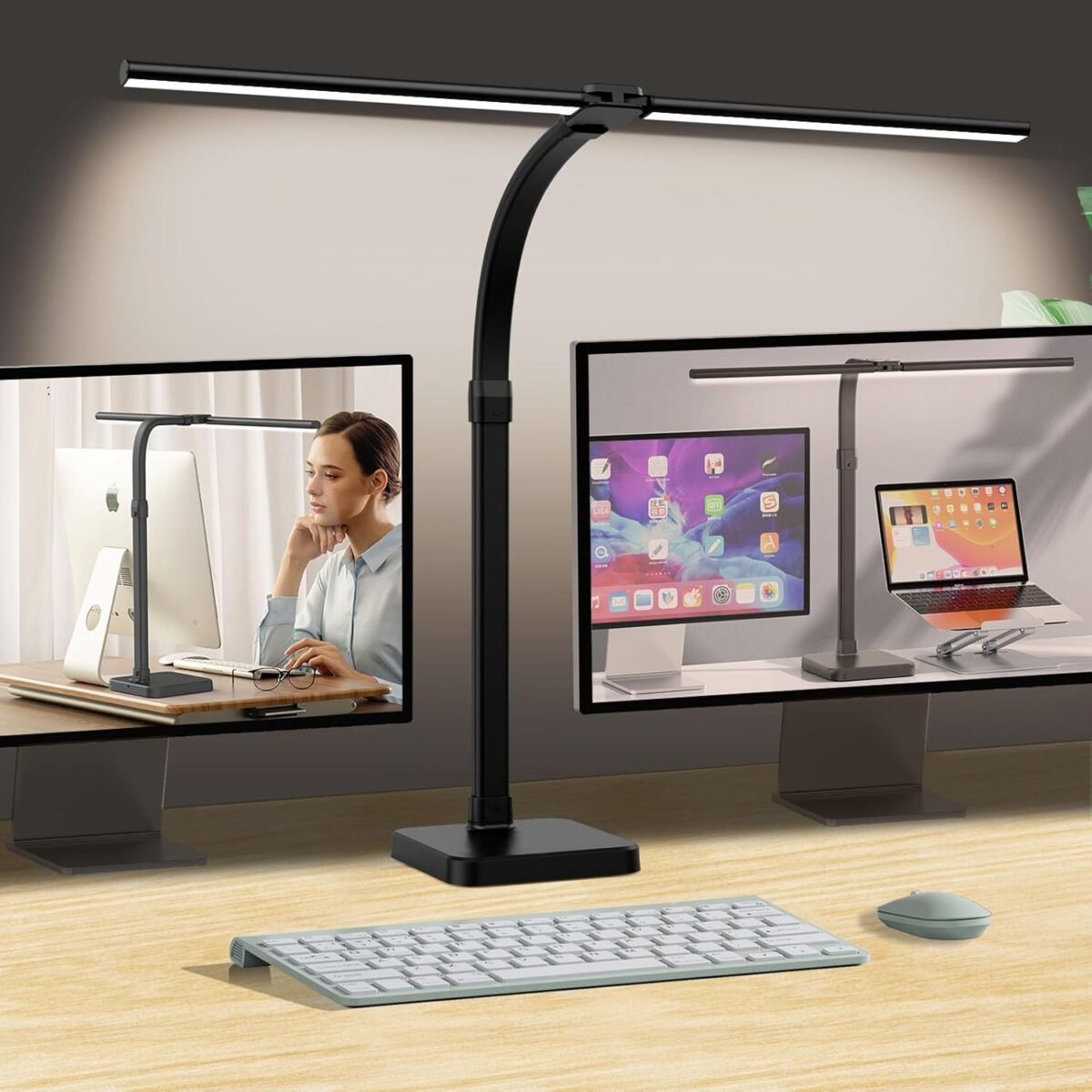 Led desk lamp for home office double head 24w with base architect light 5 lighting brightness flexible gooseneck table reading study black.jpg