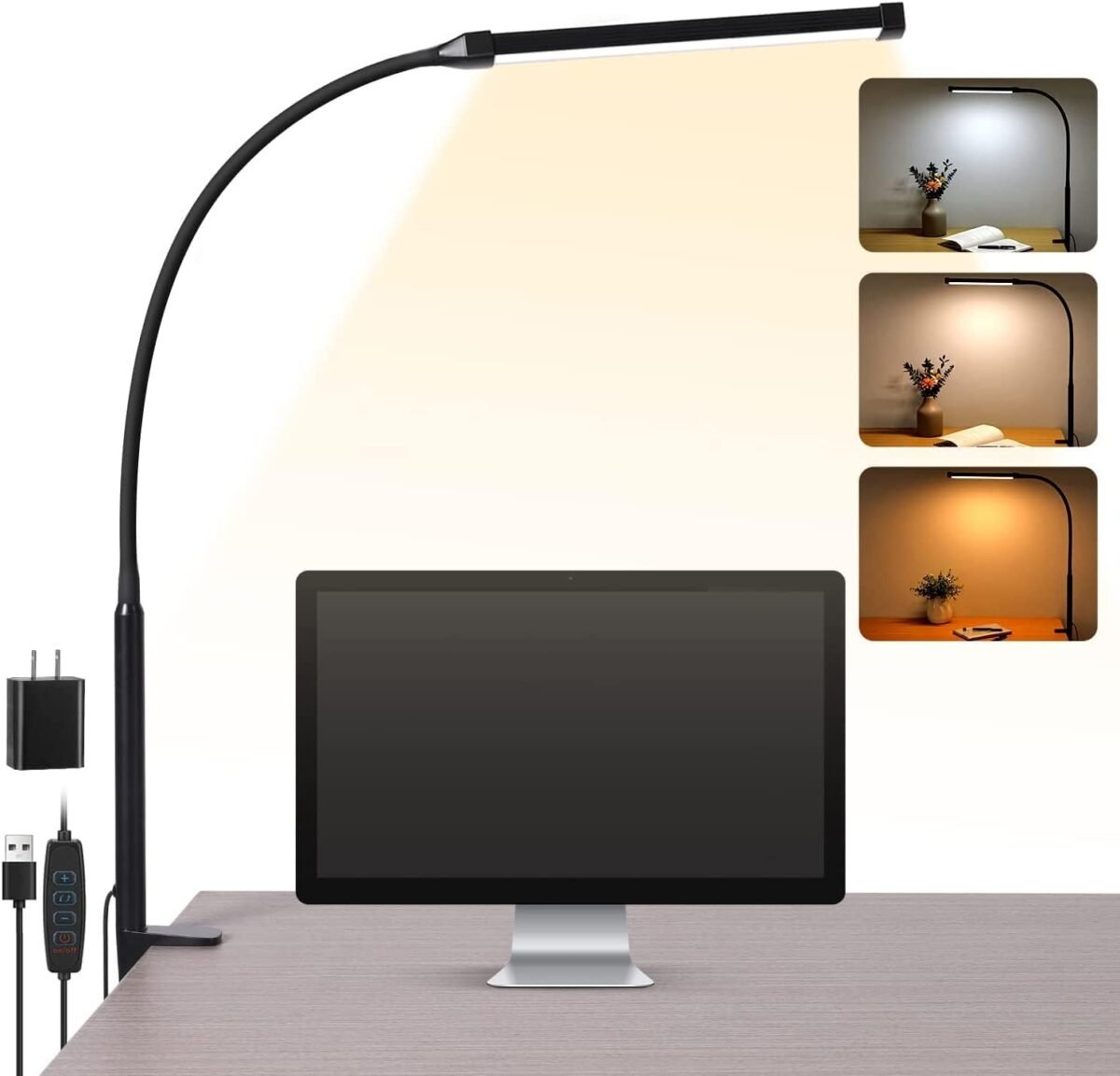 Led desk lamp with clamp eye caring clip on lights for home office 3 modes 10 brightness long flexible gooseneck metal swing arm architect task table lamps with usb adapter black.jpg