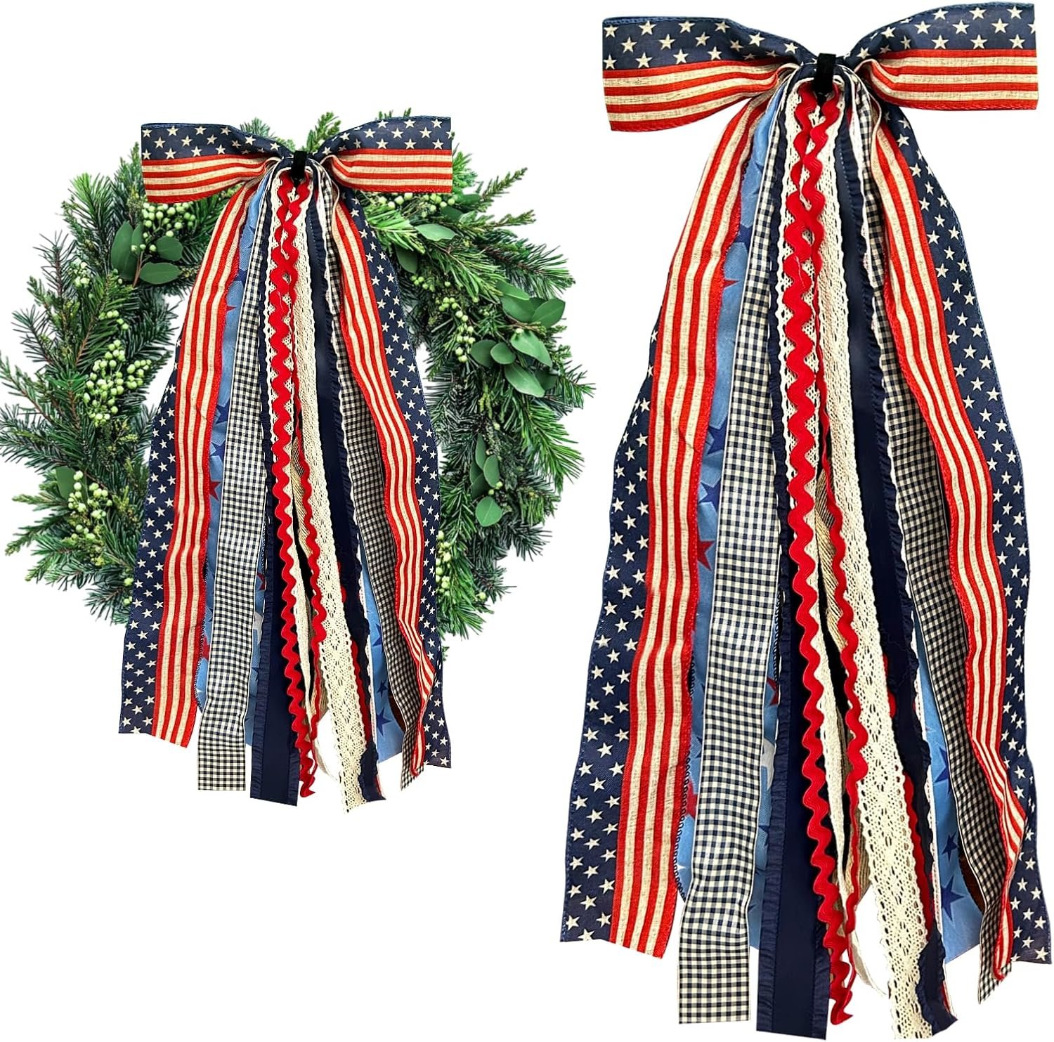 Large patriotic star ribbons bow for wreath red white buffalo plaid fabric ribbons set assorted lace ribbon 4th of july clip on wreath sash ribbon bundle for patriotic indoor outdoor decor.jpg