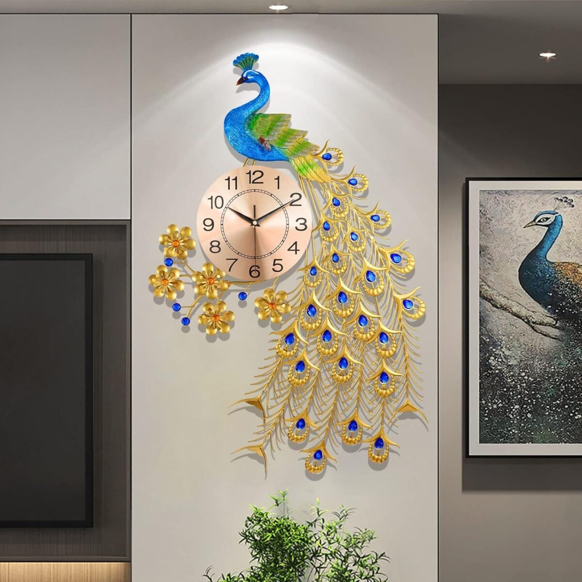Large peacock wall clock for living room decormid century decorative big wall clocks non ticking silent luxury peacock clock for dining room bedroom.jpg