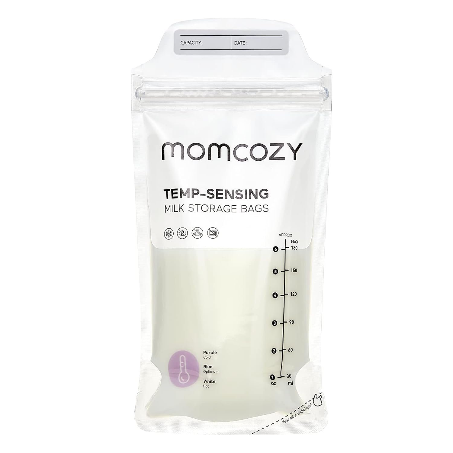 Momcozy breastmilk storing bags temp sensing discoloration milk storing bags for breastfeeding disposable milk storage bag with 6 ounce self standing no leak milk freezer storage pouches 120pcs.jpg