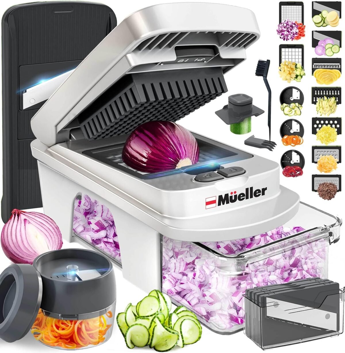 Mueller pro series all in one 12 blade mandoline slicer for kitchen food chopper vegetable slicer and spiralizer cutter dicer grater kitchen gadgets sets with container white sandgray.jpg