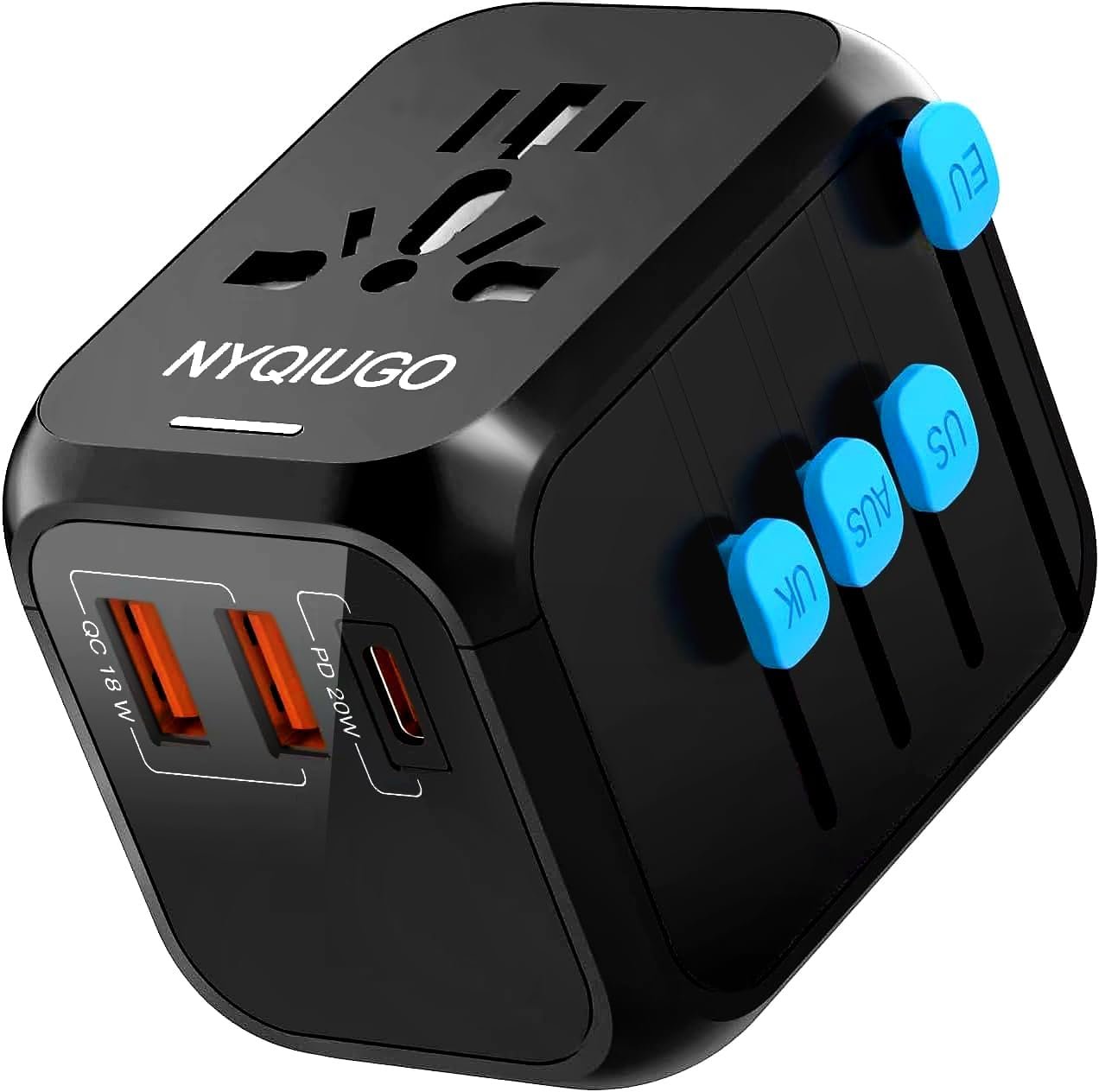 Nyqiugo universal international power travel plug adapter with 3 usb ports 1 usb c worldwide plug adaptor wall charger for usa to europe uk france germany spain ireland australia type cgai.jpg