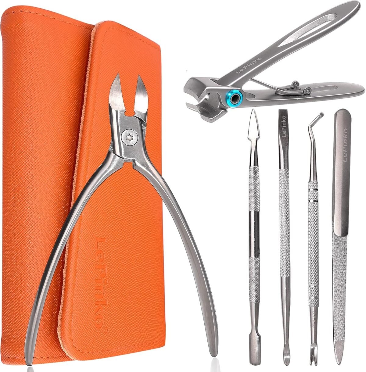 Nail clippers set for thick toenails and fingernails heavy duty podiatrist clippers for ingrown nails manicure sets with travel leather case gifts for stocking stuffers men women 6pcs orange.jpg