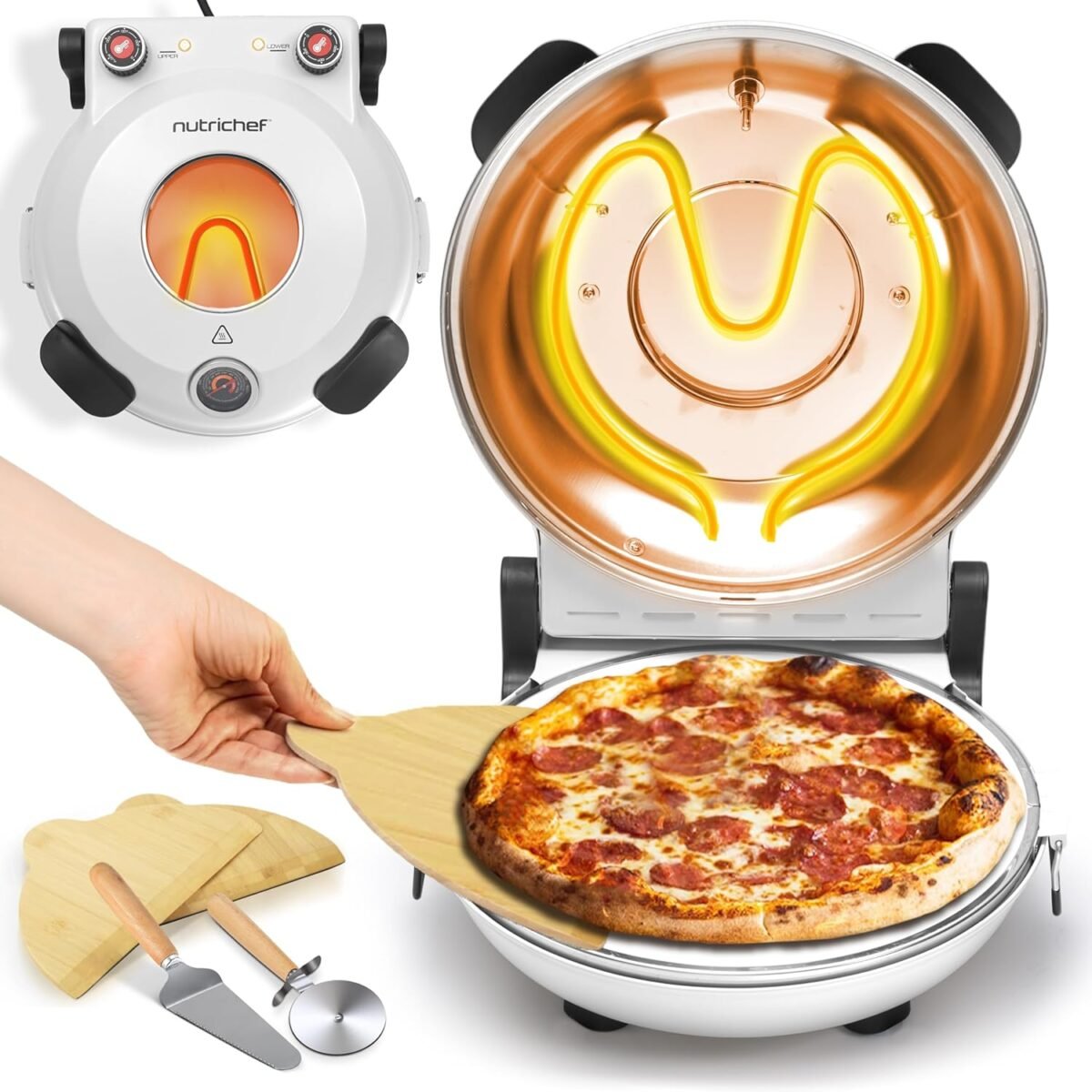 Nutrichef electric pizza oven 12 inch countertop pizza maker with temperature control thermometer viewing window for precise cooking heats up to 800f easy to clean non stick stone white.jpg