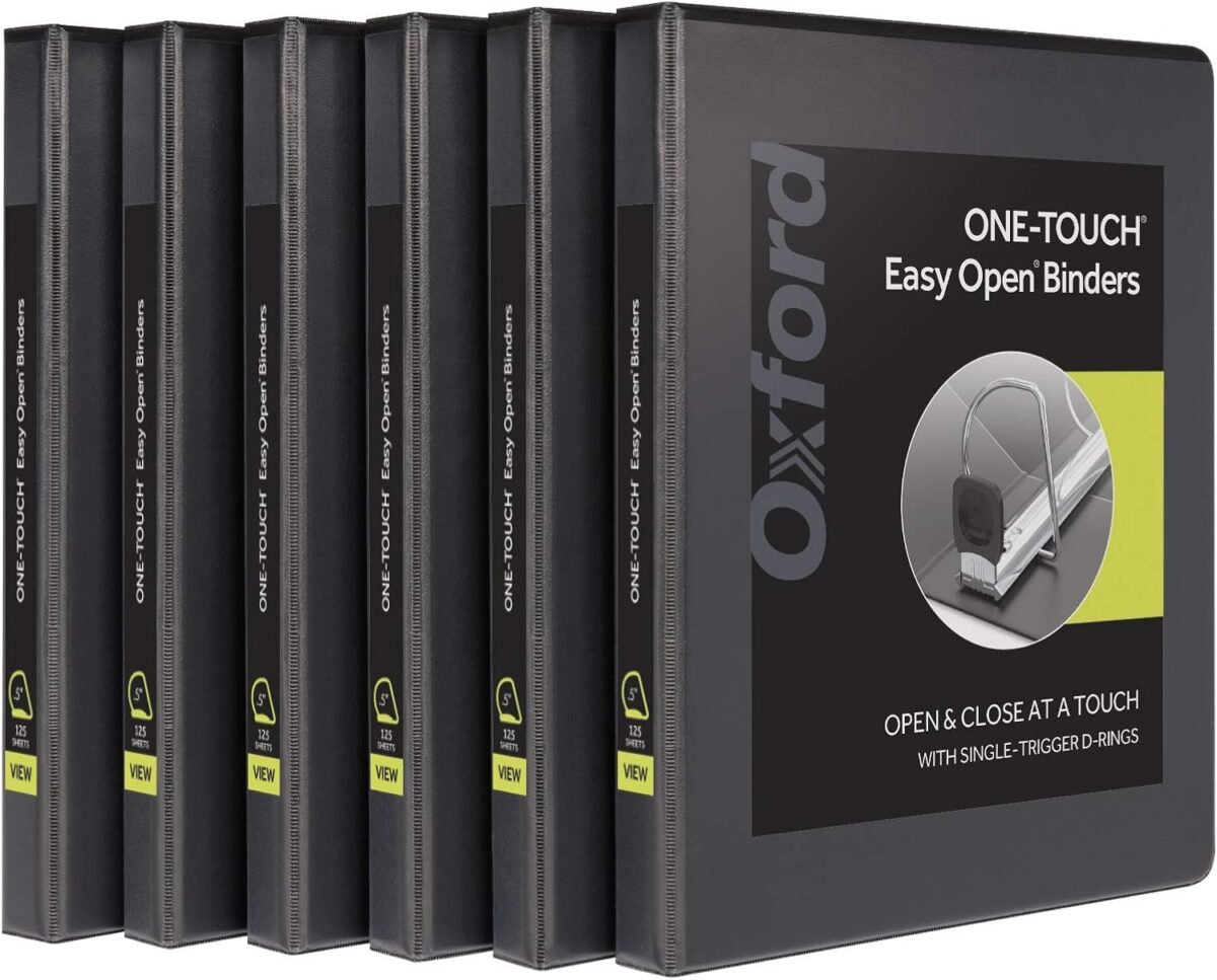Oxford 3 ring binders 0.5 inch one touch easy open d rings durable binders for school and office view binder covers xtralife hinge non stick pvc free black holds 125 sheets 6 pk 79901.jpg