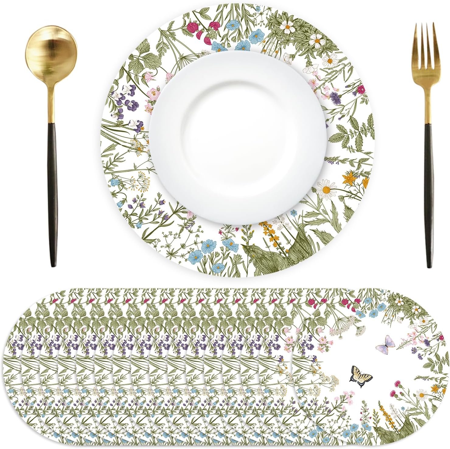 Paper placemats disposable 50 pack vintage wildflower place mats 13.4 inch round decorative antique herbs and wild flowers table mats for spring summer birthday wedding tea party supplies.jpg