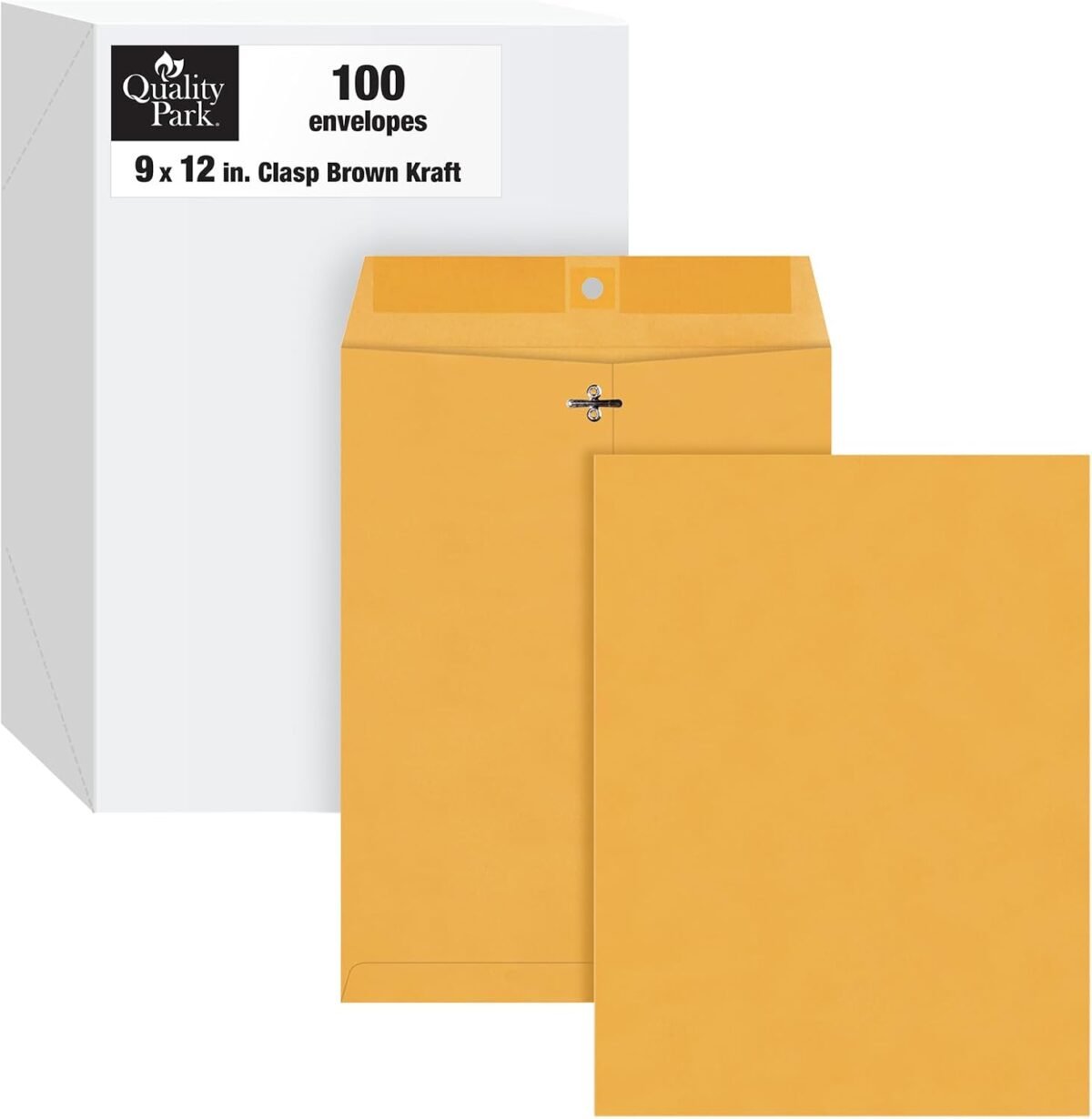 Quality park 9 x 12 clasp envelopes with deeply gummed flaps great for filing storing or mailing documents 28 lb brown kraft 100 per box qua37890.jpg