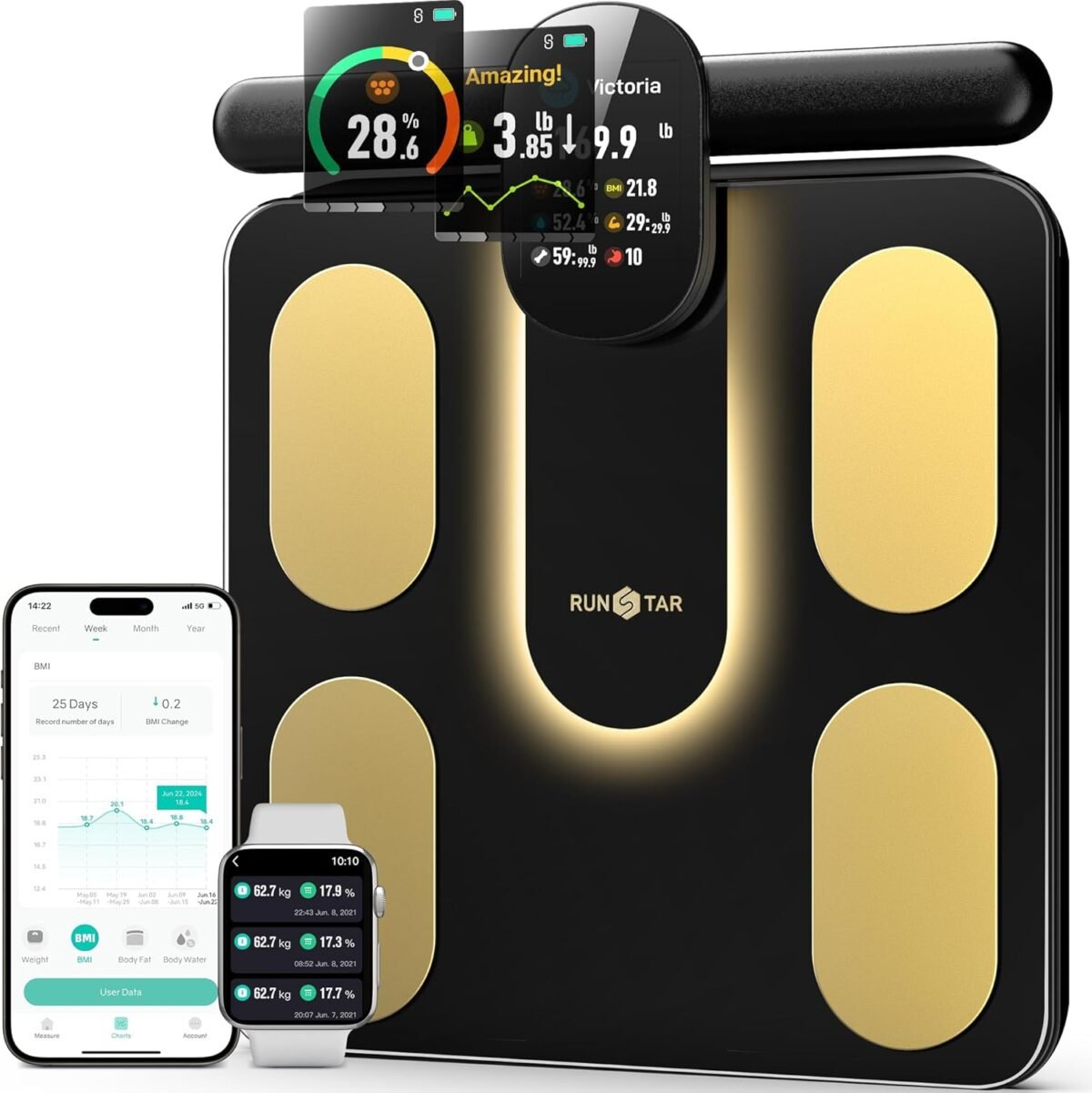 Runstar smart scale fsa or hsa eligible 8 electrodes digital bathroom scale for body weight and fat bmi muscle mass 28 body composition measurement with full color tft lcd on retractable handle.jpg