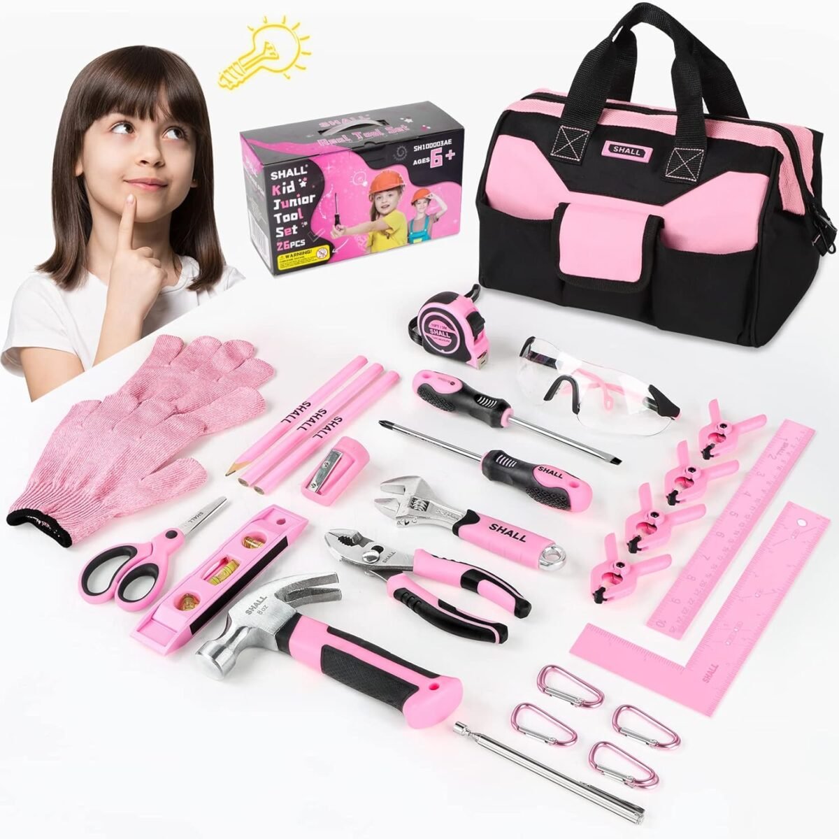 Shall 26 piece kids size tool set pink real tools for kids with 12 tool bag safety certified children learning tool kit with hand tools for boys girls age 6 diy building woodwork construction.jpg
