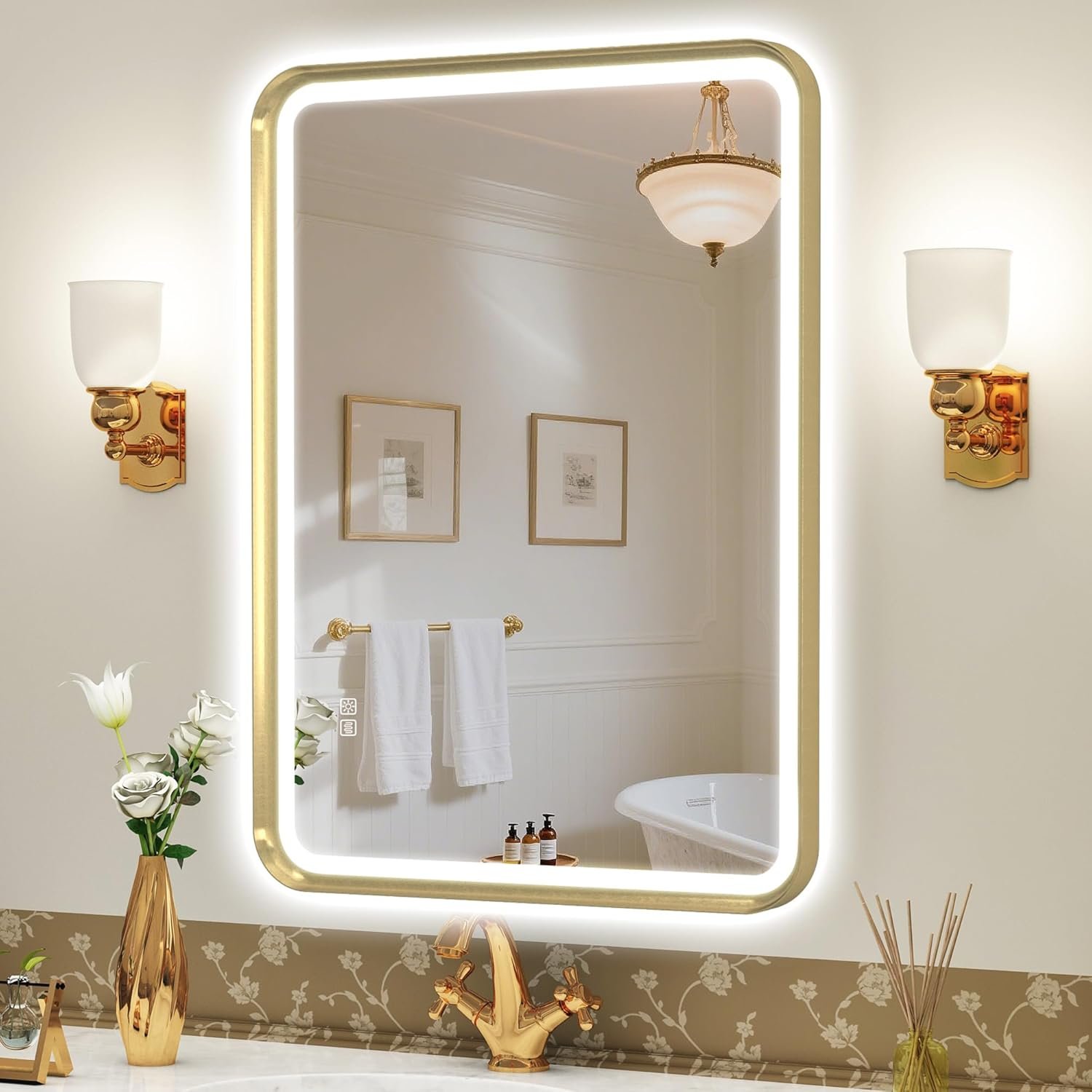 Sbagno 32x24 gold led mirror for bathroom with frontlit backlit led bathroom mirror with metal frame anti fog stepless dimmable 3 colors temperature led vanity mirrorhorizontalvertical.jpg