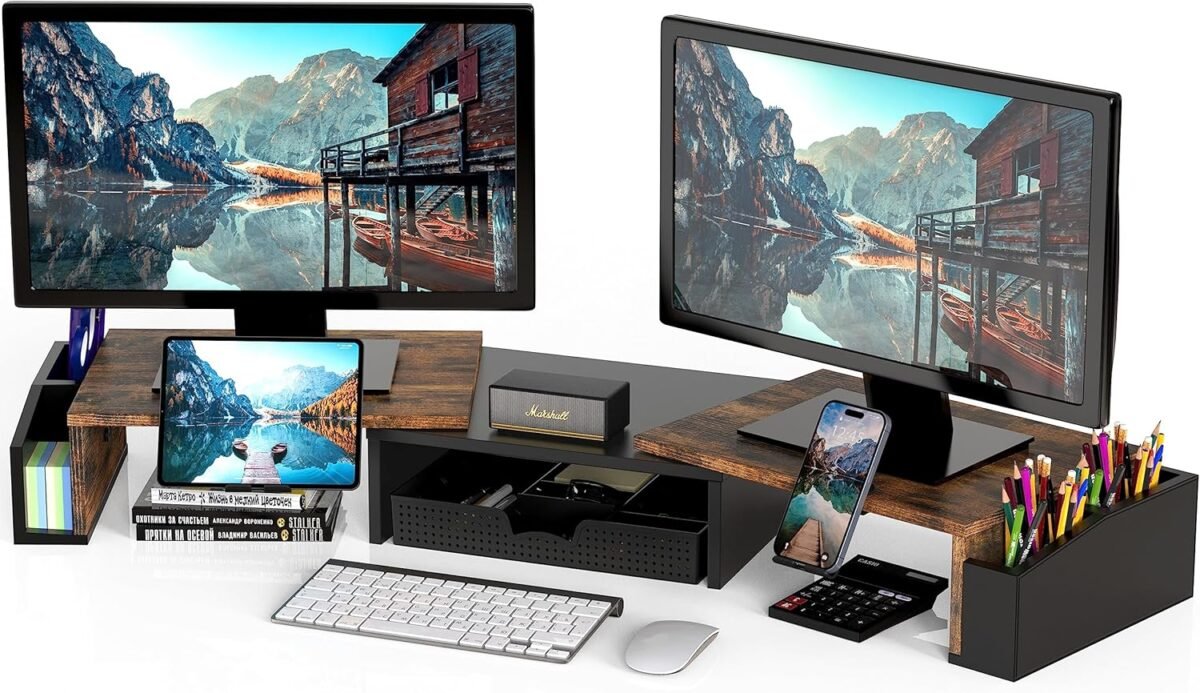 Simple houseware desk dual monitor stand riser with drawer rustic brown.jpg
