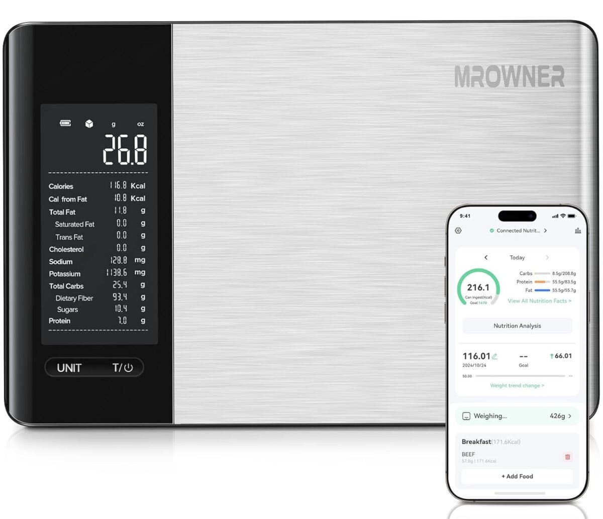 Smart food kitchen scale with nutritional calculator free app with 19 nutrients tracking calorie marco digital weight grams and ounces for weight loss premium stainless steel 22lb.jpg
