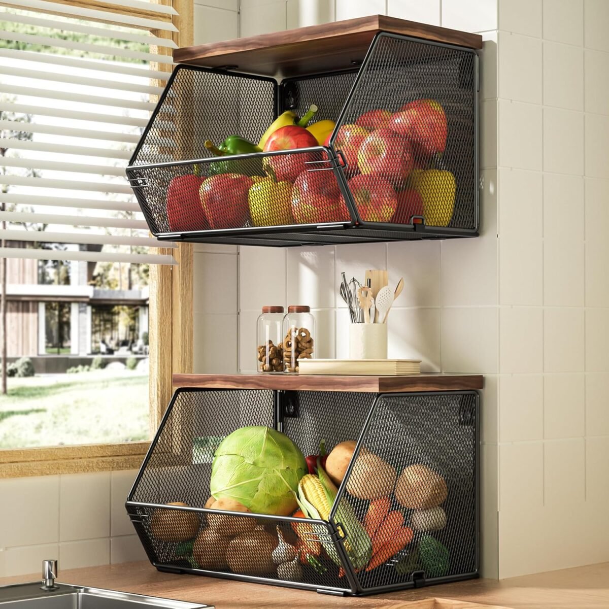 Stackable fruit basket for kitchen countertop space saving wall mounted mesh metal wire baskets with wood lid extra storage 2 pack kitchen counter organizer for snack onion and potato storage.jpg