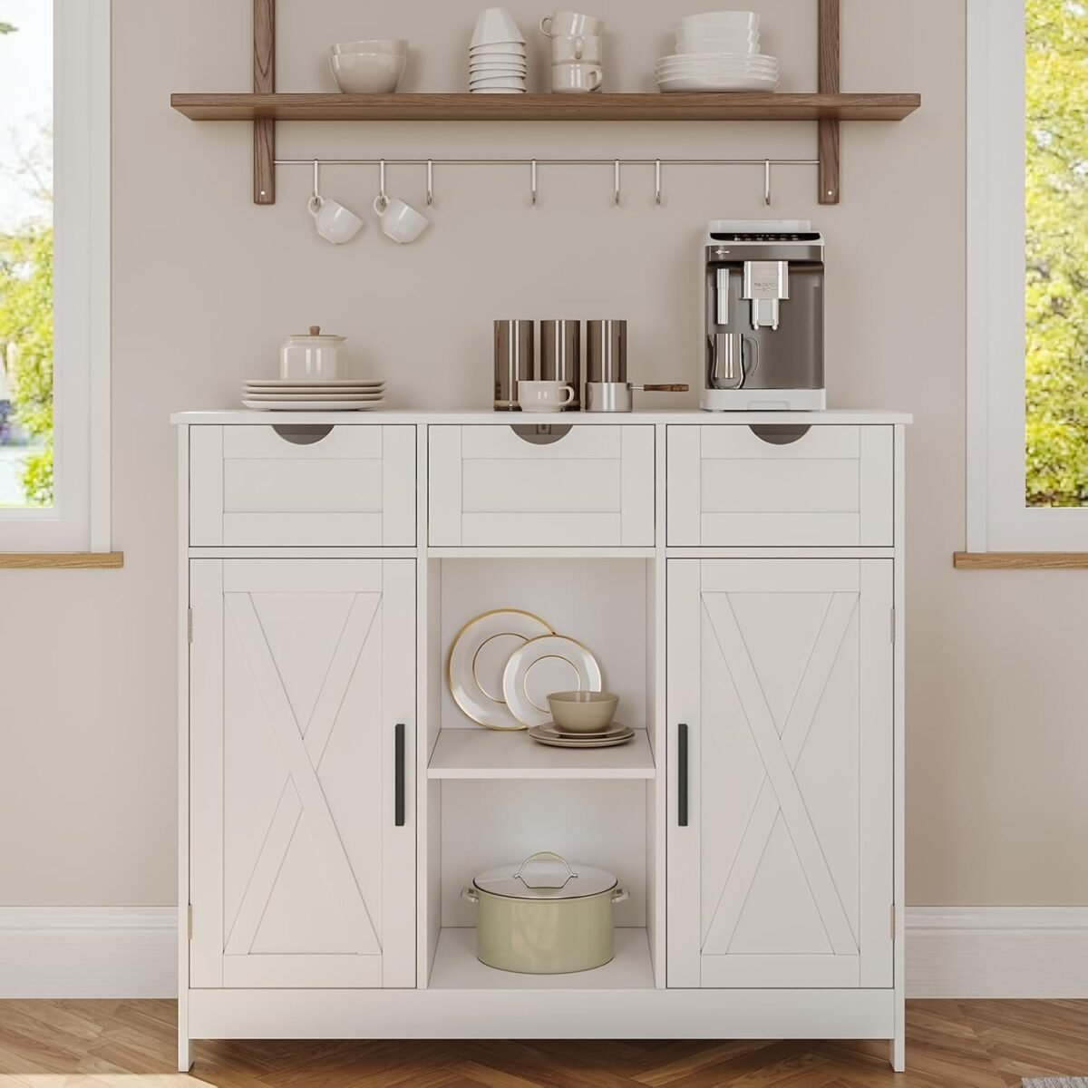 Storage cabinet coffee bar cabinet with 2 adjustable shelves 3 drawers and 2 doors for bathroom kitchen living room white.jpg