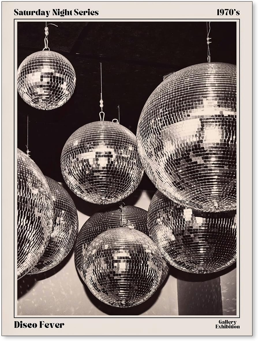 Sufeasdf 70s disco ball newspaper wall art vintage black and white art posters funky aesthetic canvas prints retro bar cart decor for bar bedroom 12x16 inch unframed.jpg