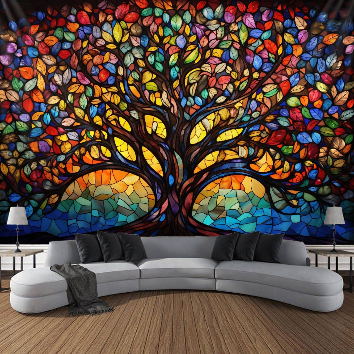 Tree of life wall hanging decor tapestry with stained glass colorful wall art large tapestry mural decor photograph backdrop blanket curtain home bedroom living room decoration.jpg