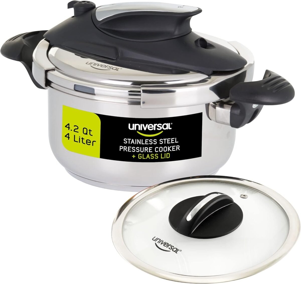Universal 4.2 quart 4 liter small stainless steel easy use pressure cooker extra glass lid 5 servings induction compatible pressure cooker multipurpose pot.jpg