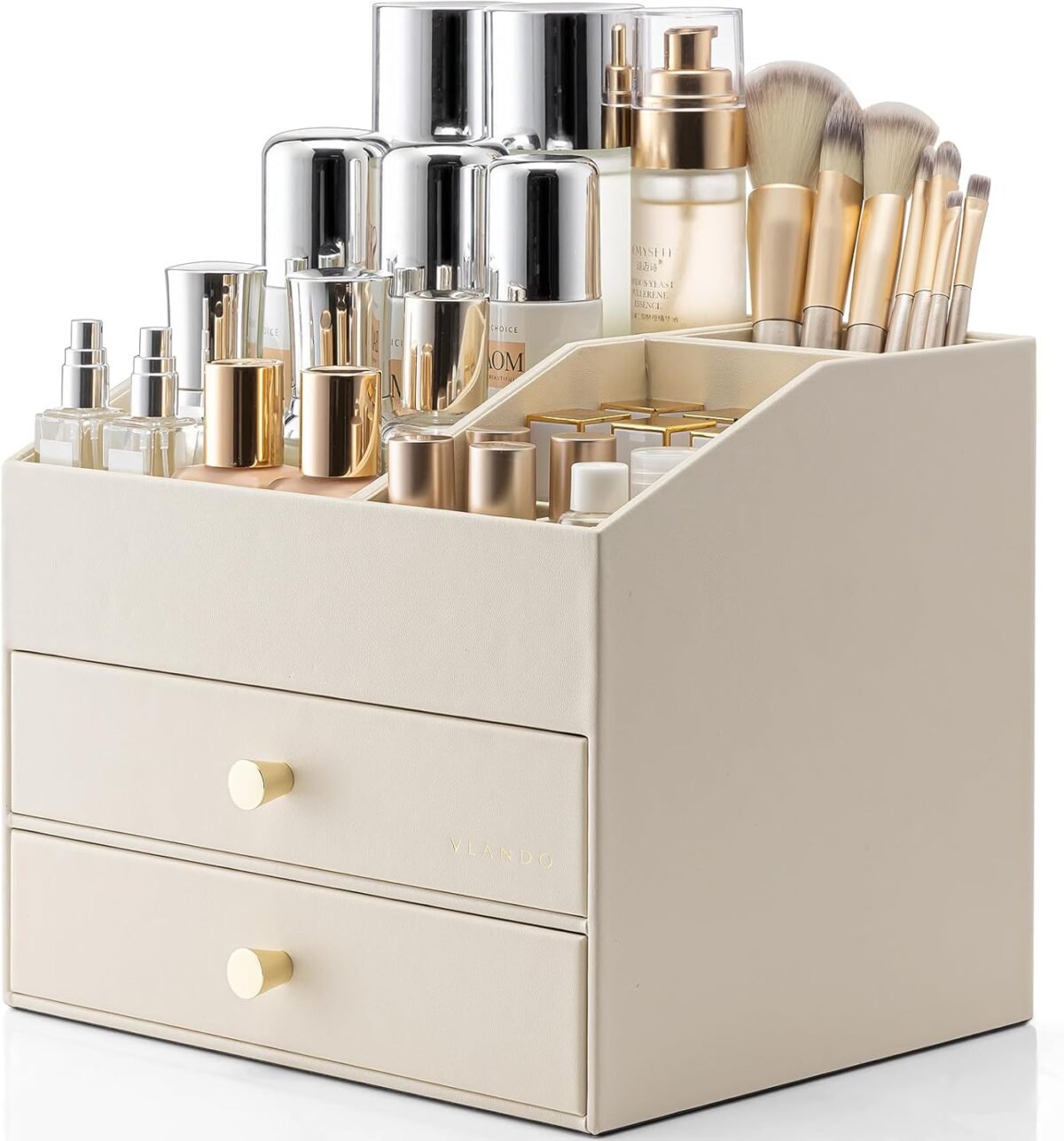 Vlando makeup organizer for vanitylarge capacity countertop organizer with drawers pu leather cosmetic display case for lipstickbrushesskincarebathroom and bedroom storage beige.jpg
