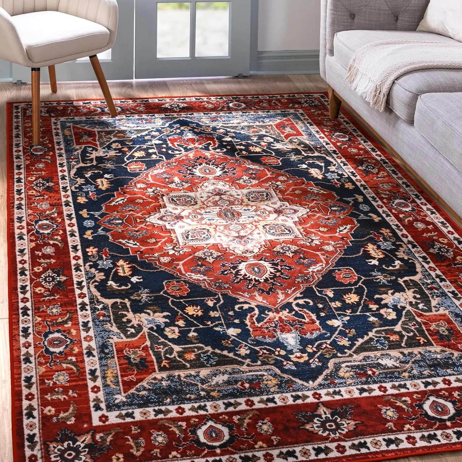 Yj.gwl area rug for living room 4x6 machine washable boho rug for bedroom low pile lightweight thin rugs floral vintage distress print pattern carpet for dining room red.jpg