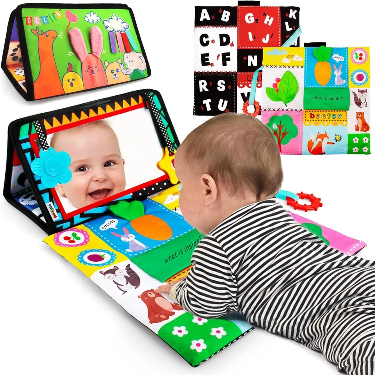 Beetoy tummy time baby mirror toys with black and white pattern high contrast 3d activity play crinkle toys baby mirror for newborn 0 3 6 months.jpg