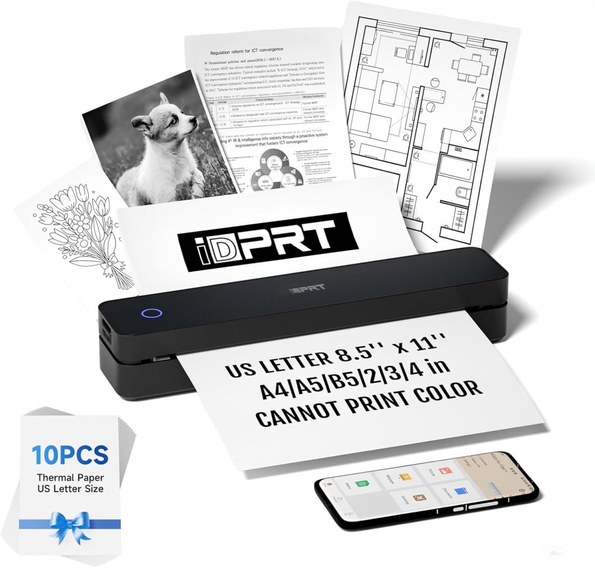 Idprt portable printer wireless for travel 300dpi bluetooth thermal printer support for 8.5x11 us letter inkless compatible with ios android laptop for office car and home school.jpg