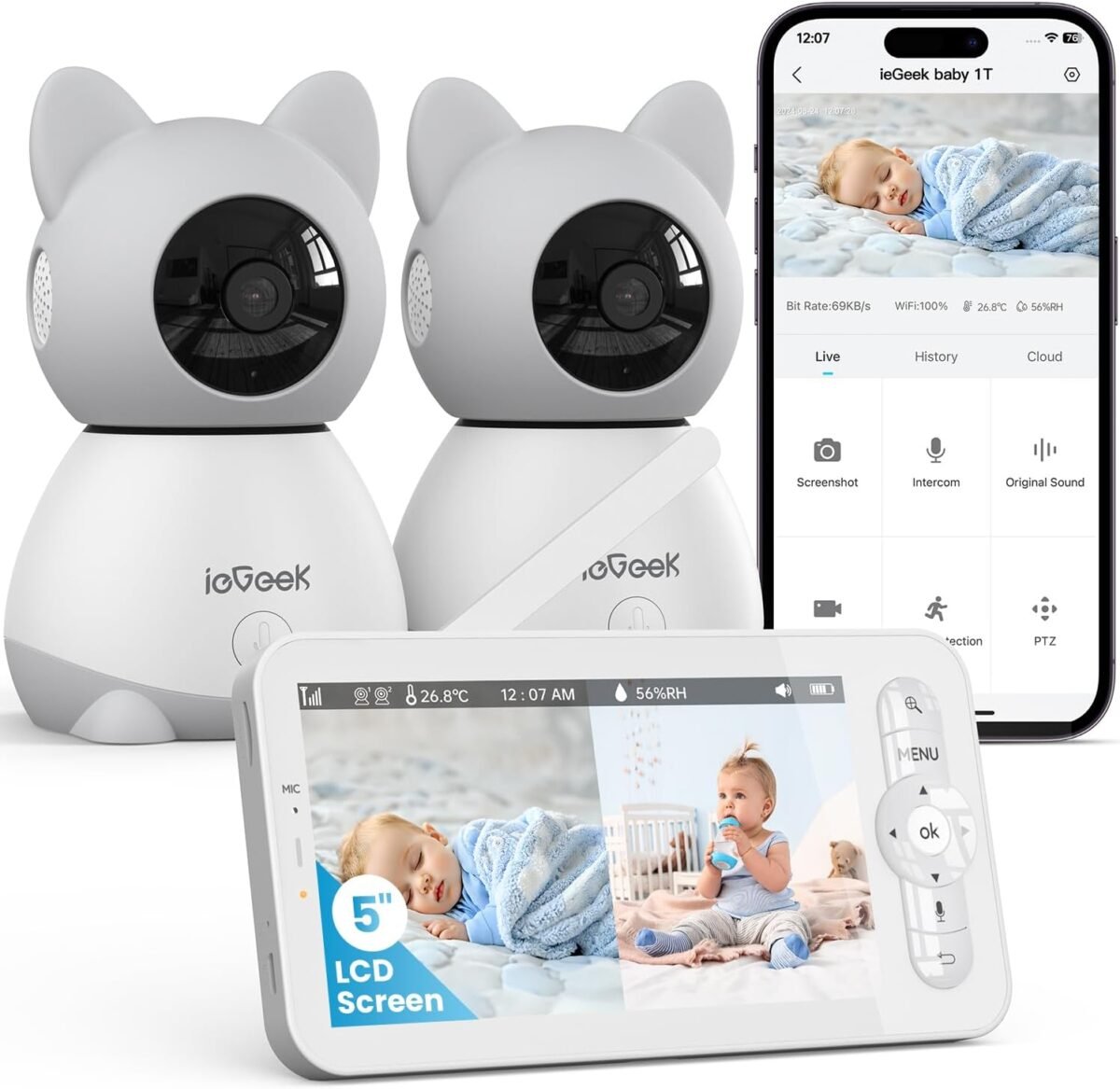 Iegeek split screen baby monitor with 2 camera and audio two 2k video monitor with 5 screen night visiontwo way talkcrymotion detectiontemperhumidity sensorremote control via screen and app.jpg